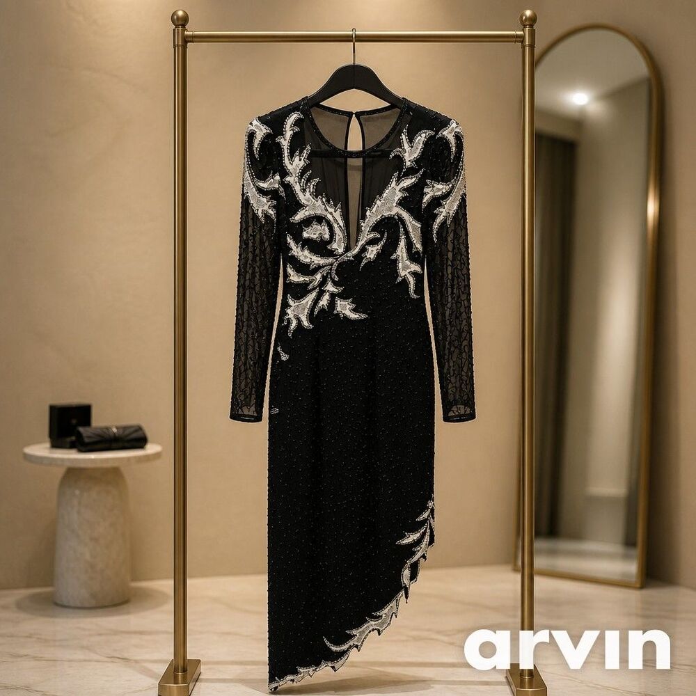 Vintage 80s  A.J. Bari Beaded Sequins Silk Dress Size 8 Almost Perfect Stunning